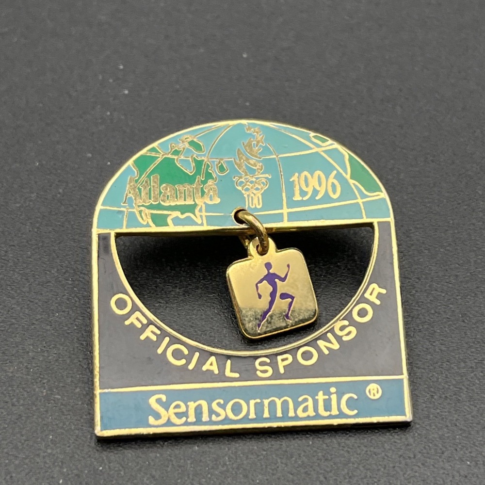 1996 Atlanta Olympics Globe Sensormatic Sponsor Running Dangler Lapel Hat‎ Pin